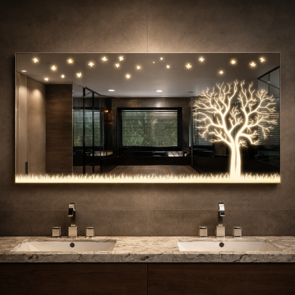 Decorative Rectangular LED Bathroom Mirror | Artistic Etched Designs | Custom Made - Drizz