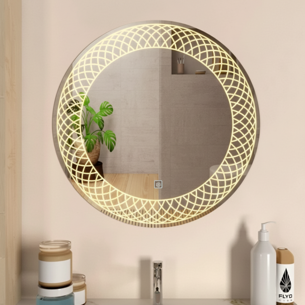 Designer Round LED Mirror with Patterned Illumination | Artistic & Custom-Made Bathroom Mirror- Drizz