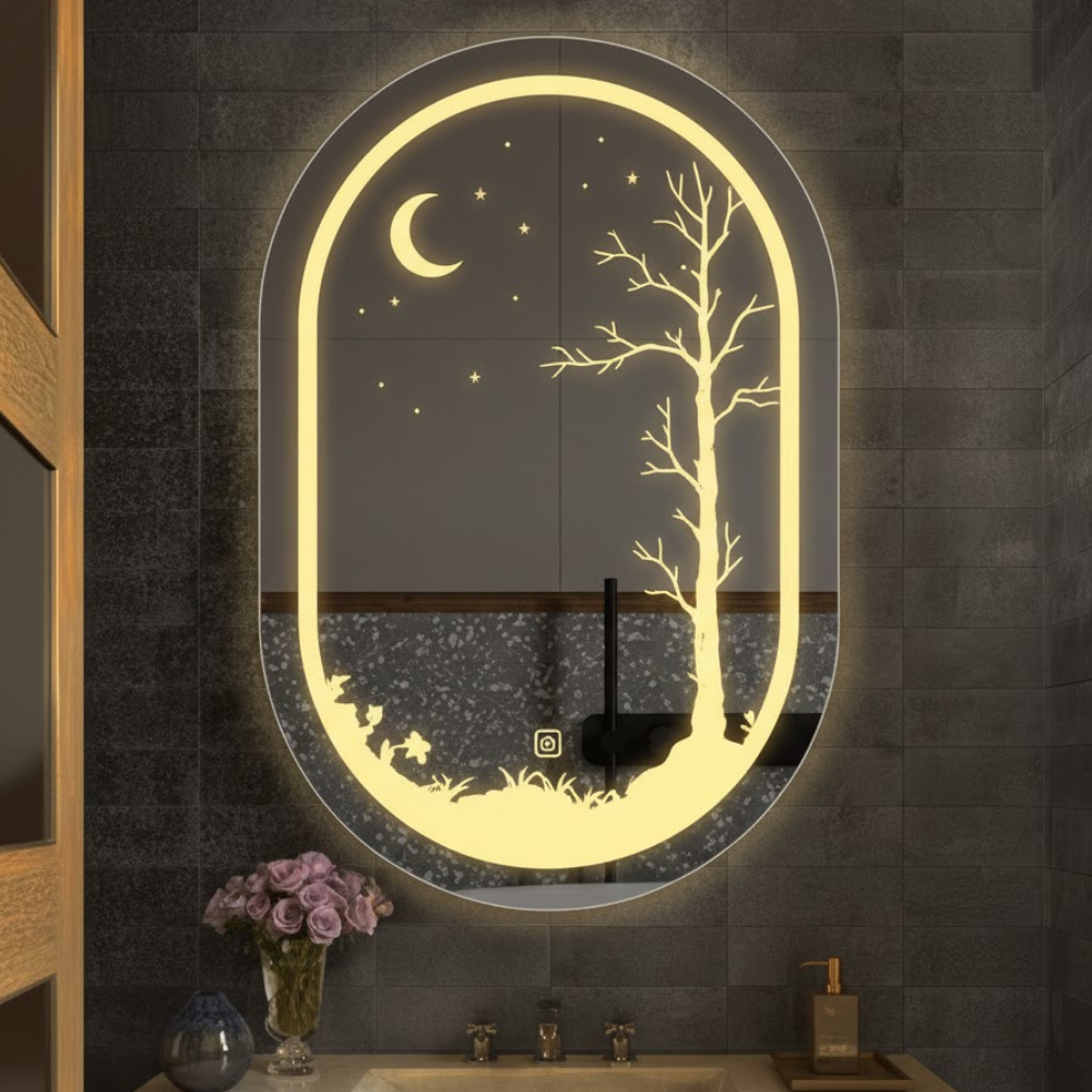 Artistic Oval LED Mirror with Nature-Inspired Illuminated Design - Drizz