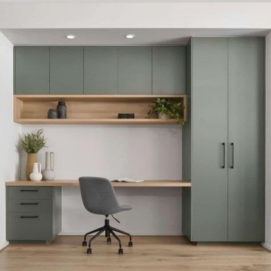 Minimalist Study Table with Overhead Cabinets & Wardrobe Storage - Drizz